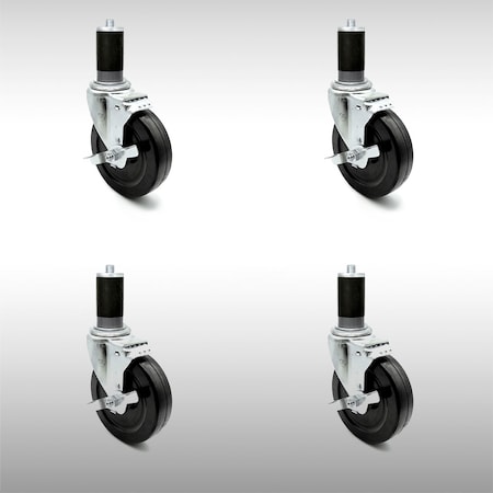 5 Inch SS Hard Rubber Wheel Swivel 1-3/8 Inch Expanding Stem Caster Set Brake